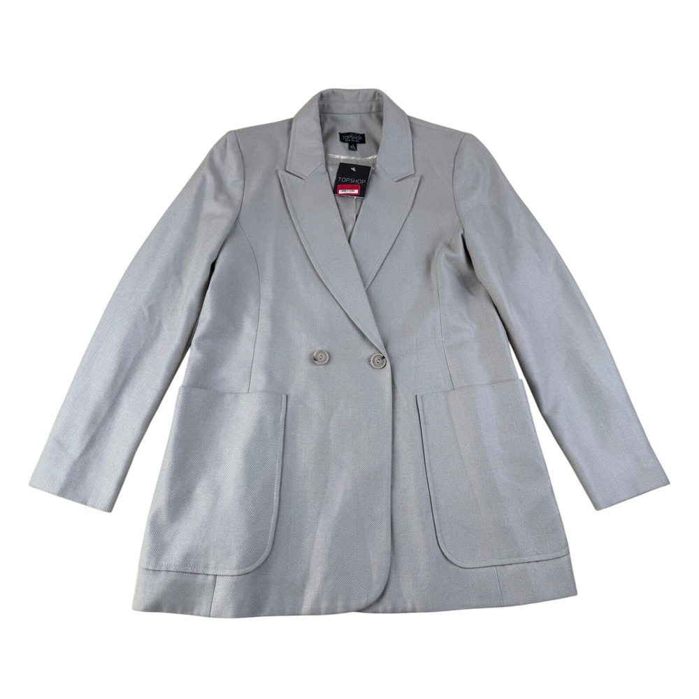 Topshop 8 Longline Blazer Grey Textured Double Breasted Preppy Classic NWT